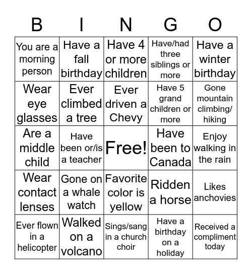 Getting to Know You Bingo Card