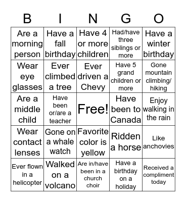 Getting to Know You Bingo Card