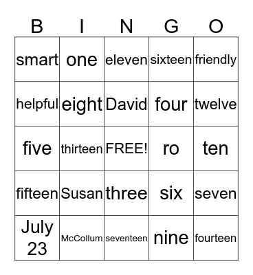 Good Luck Susan! Bingo Card