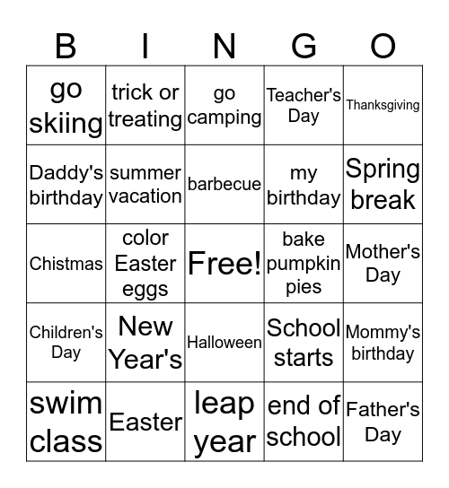 Holidays & Activities Bingo Card