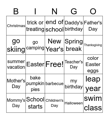 Holidays & Activities Bingo Card