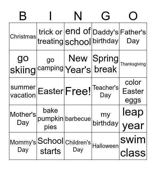 Holidays & Activities Bingo Card