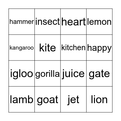 Review G-L Word Bingo Card