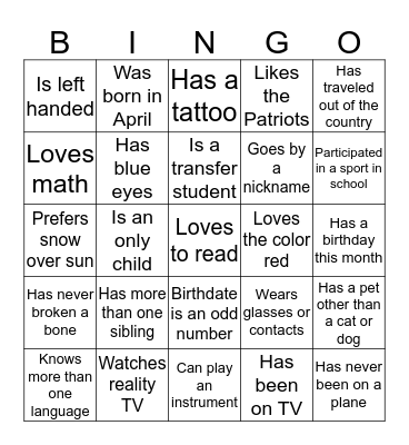 Ice Breaker BINGO Card