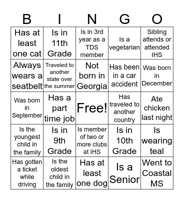 Teens in the Driver Seat Bingo Card