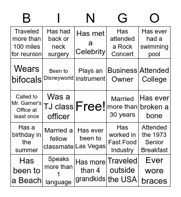 TJS Class of 1973 Bingo Card