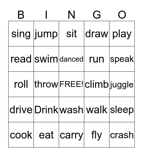 Action Verbs Bingo Card