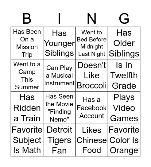 Sunday School Bingo Card