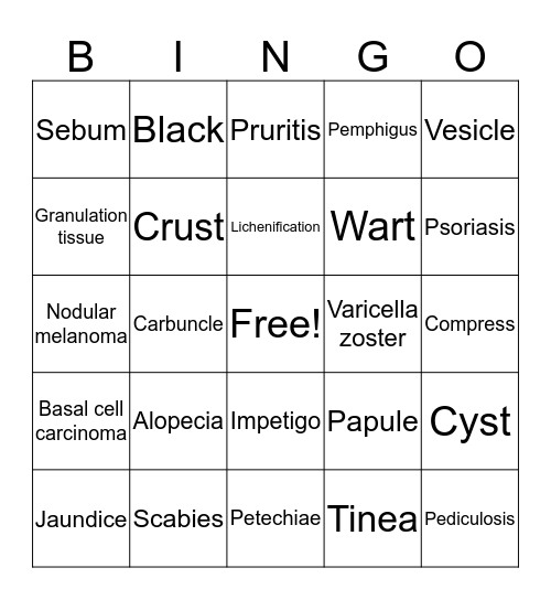 Integumentary Bingo Card