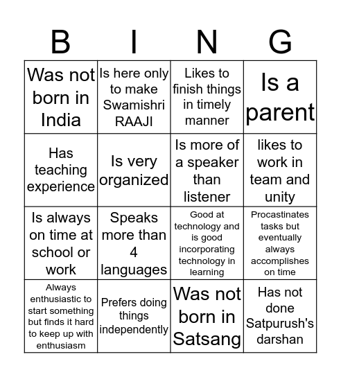 Getting to Know each other Bingo Card