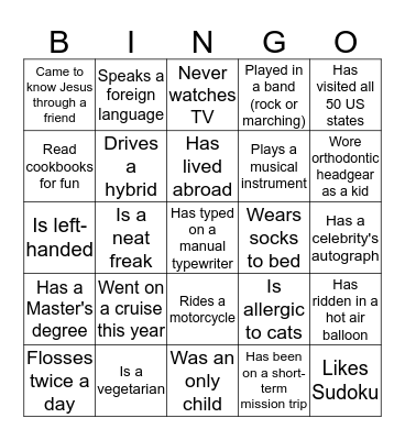 Getting to Know you Better.... Bingo Card