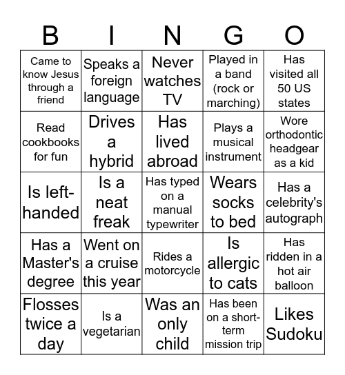 Getting to Know you Better.... Bingo Card