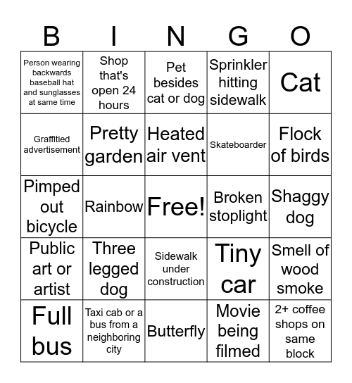 Urban walk Bingo Card