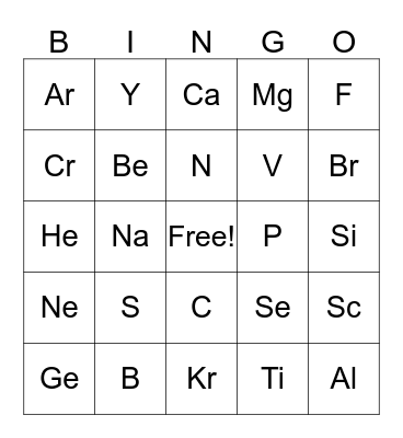 Periodic Table Bingo Card