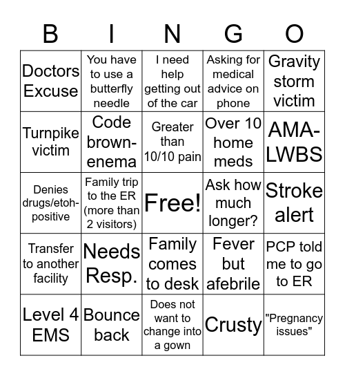 ER Bingo Card