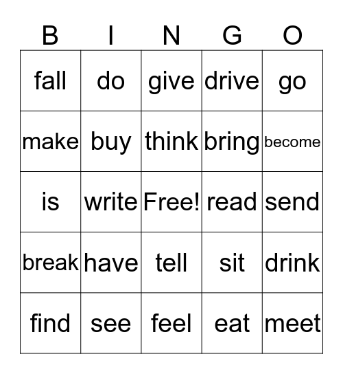 Irregular Past Tense Bingo Card