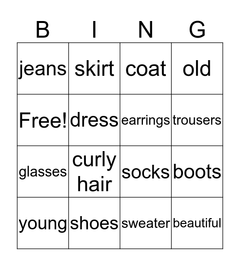 English bingo Card