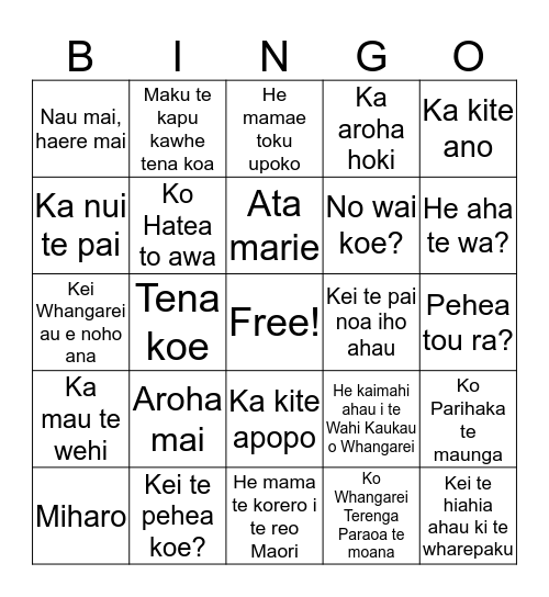 Te Reo Bingo  Bingo Card