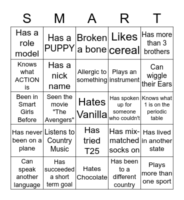 Smart Girls Bingo Card