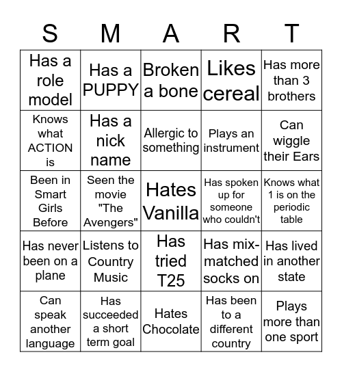 Smart Girls Bingo Card