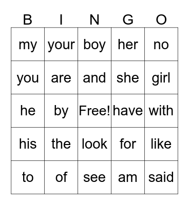 Sight Words Game #1 Bingo Card