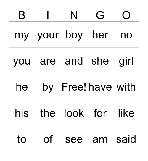 Sight Words Game #1 Bingo Card