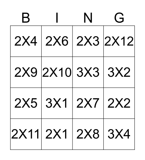 Multiplication Bingo Card