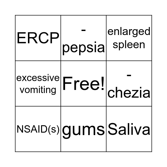 Digestive Bingo Card