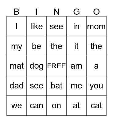 Sight Word  Bingo Card