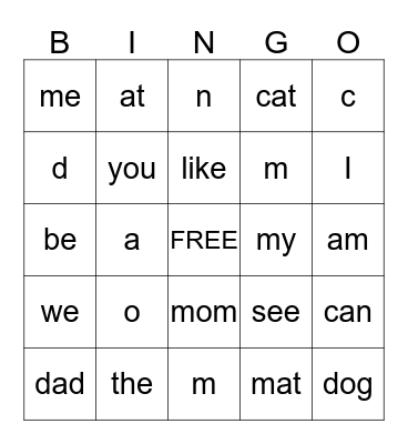 Sight Words and Letter Sounds Bingo Card
