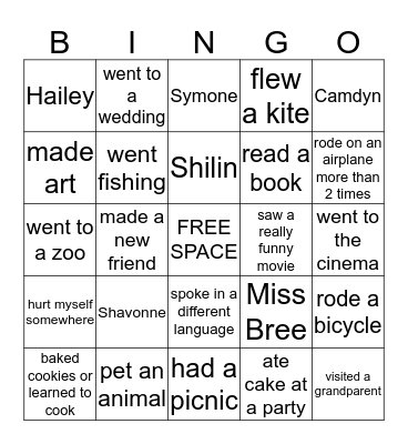 Summer Camp Bingo Card