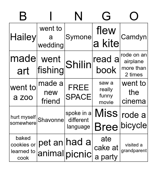 Summer Camp Bingo Card