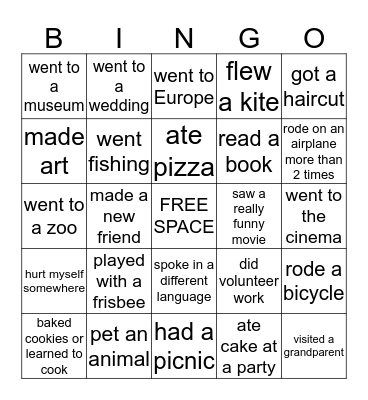 Summer Camp Bingo Card