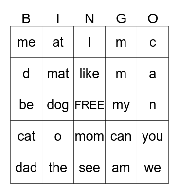 Sight Words and Letter Sounds Bingo Card