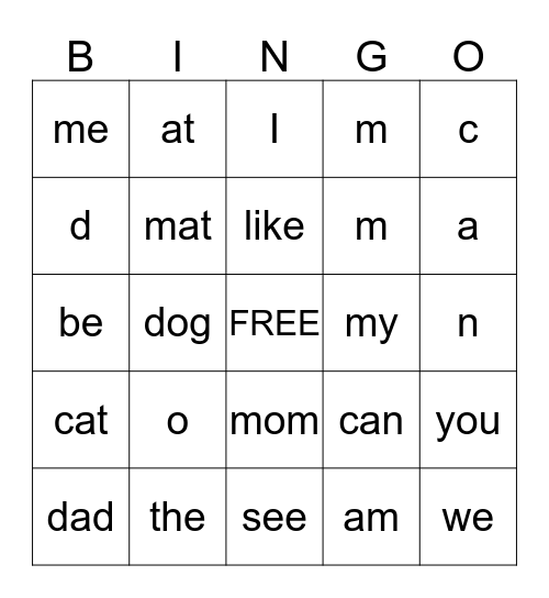 Sight Words and Letter Sounds Bingo Card