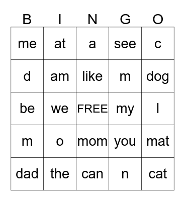 Sight Words and Letter Sounds Bingo Card