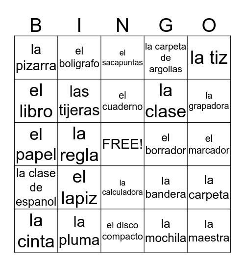 Los materiales escolares Bingo Card