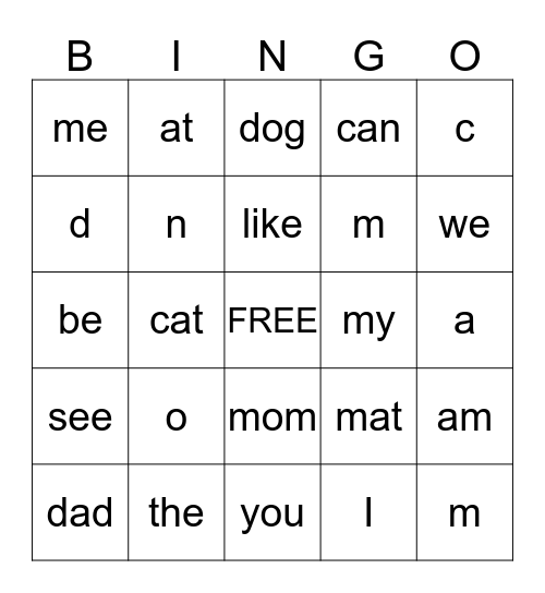 Sight Words and Letter Sounds Bingo Card