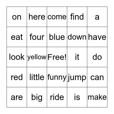 Sight Words Bingo Card