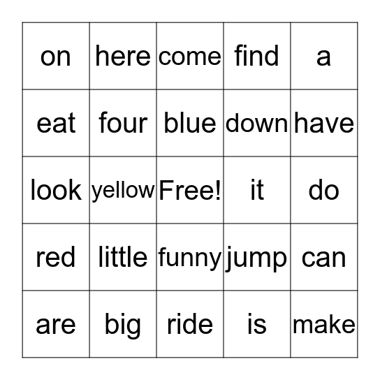 Sight Words Bingo Card