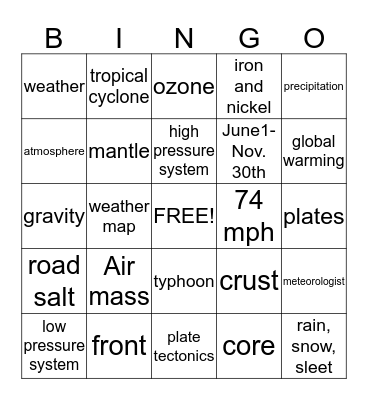 Weather Bingo Card
