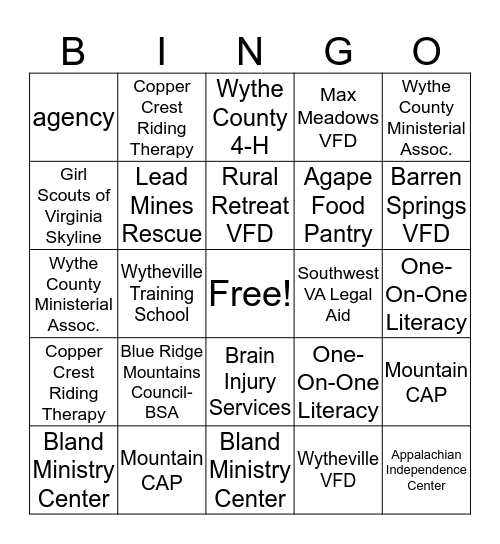 United Way of Wythe County Agency Bingo! Bingo Card