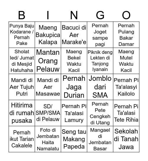 Nyong dan Nona Pelauw? Bingo Card