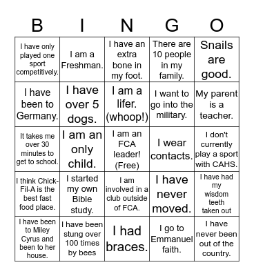 FCA 5 Bingo Card