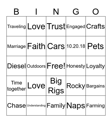 Chase and Kacie Bingo Card