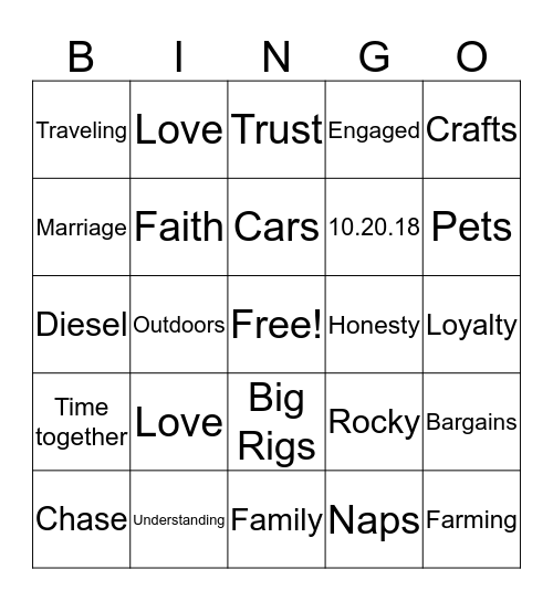 Chase and Kacie Bingo Card