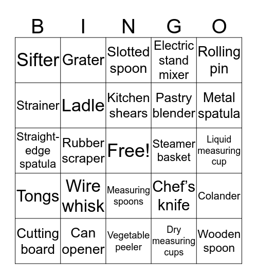 Kitchen Utensil Bingo Card