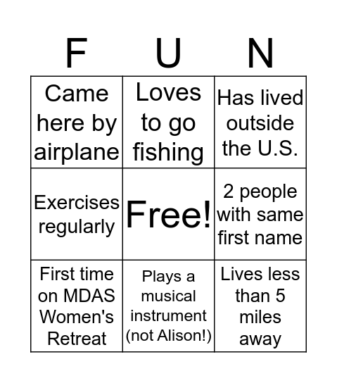 Women's Retreat Bingo Card