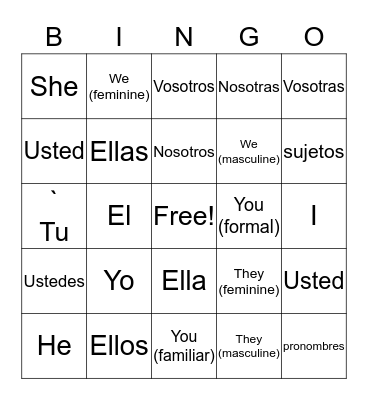Spanish Subject Pronouns Bingo Card