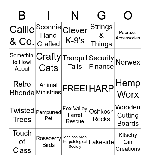 Walk for the Animals Bingo Card